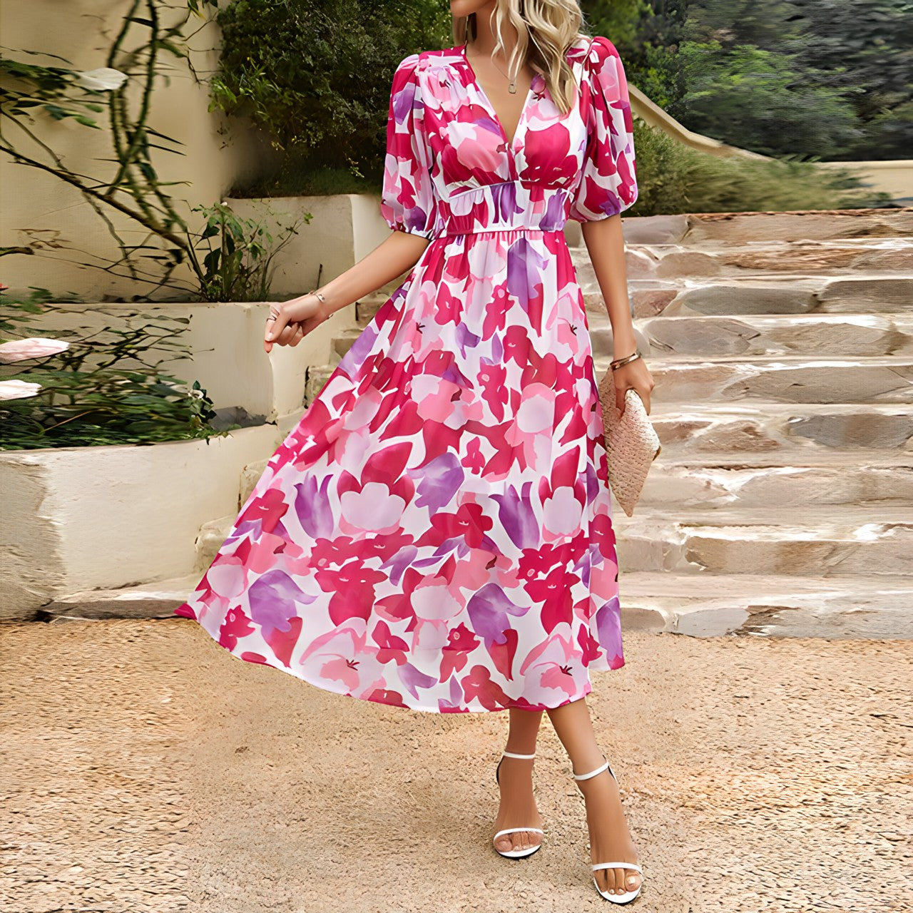 Robe midi élégante Jenny de Danoir Paris en tissu bleu chic, vue de face sur un fond neutre.