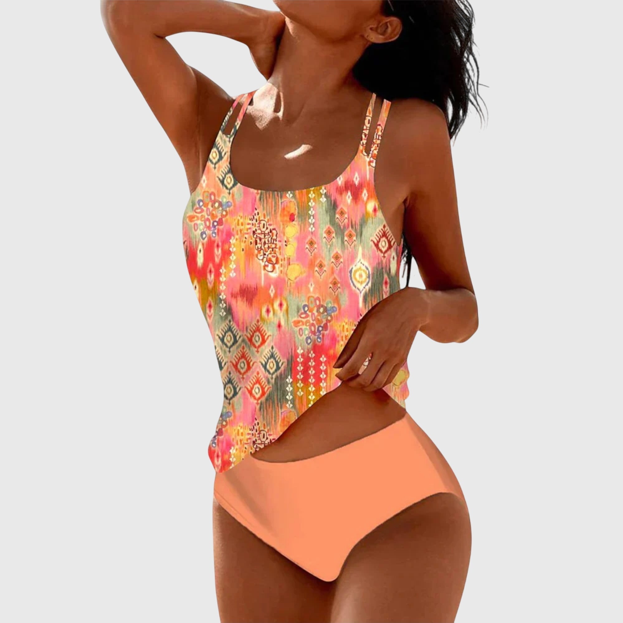 Ensemble de maillots de bain Lina de Danoir Paris en tissu bleu, avec haut et bas assortis, porté sur mannequin.