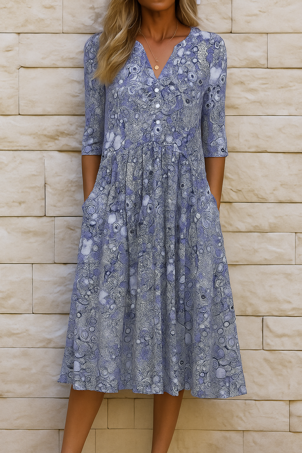 Robe décontractée élégante Lucille de Danoir Paris en tissu bleu, portée avec style, vue de face sur mannequin.
