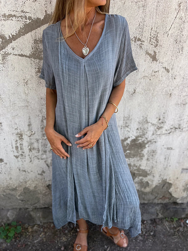 Robe écologique élégante Malaga de Danoir Paris en tissu bleu, vue de face sur mannequin.