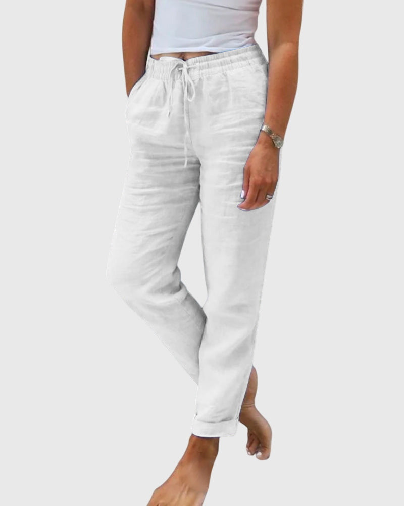 Pantalons élégants pour femmes Margaret™ de Danoir Paris en tissu bleu, vue de face, taille S, style chic et moderne.