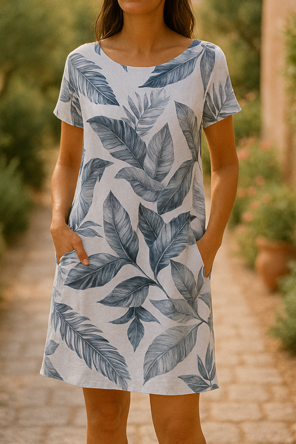 Robe chic d'été Ranya de Danoir Paris en tissu bleu, vue de face avec détails élégants et manche courte.