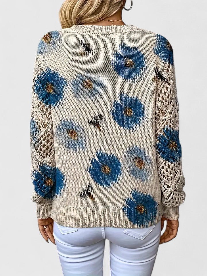 Cardigan léger à fleurs Aurélie de Danoir Paris, bleu, vue de face, en tissu léger avec motif floral.