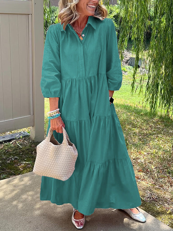 Robe maxi élégante Bente de Danoir Paris en tissu bleu, taille XS, vue de devant sur mannequin.
