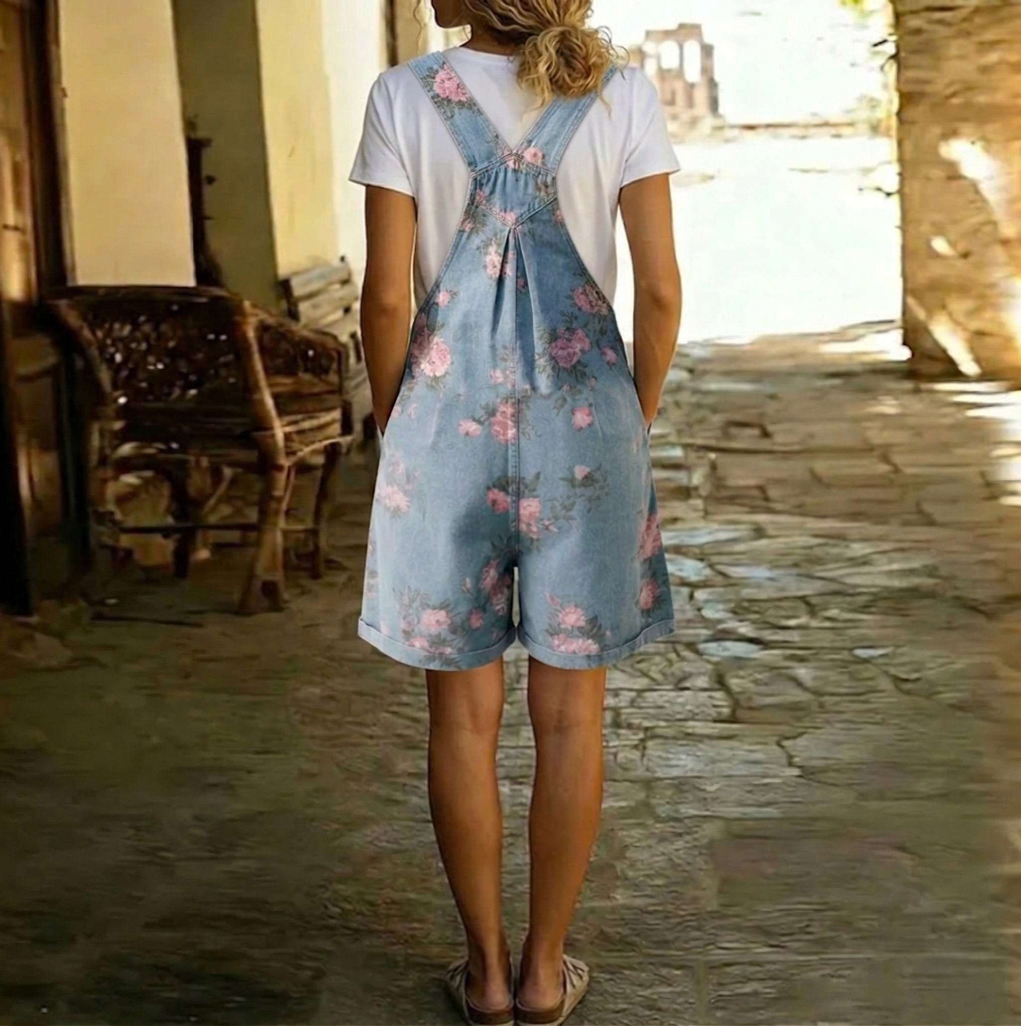 Salopette en denim vintage à fleurs Doux Judy de Danoir Paris, style féminin et décontracté, couleur bleue, taille XS.
