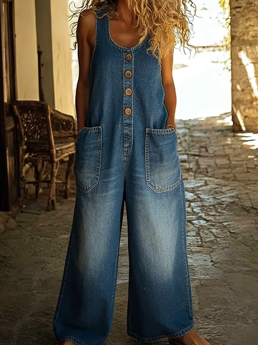 Combinaison en denim coton vintage Lenna de Danoir Paris, coupe décontractée, tissu bleu clair avec détails classiques.