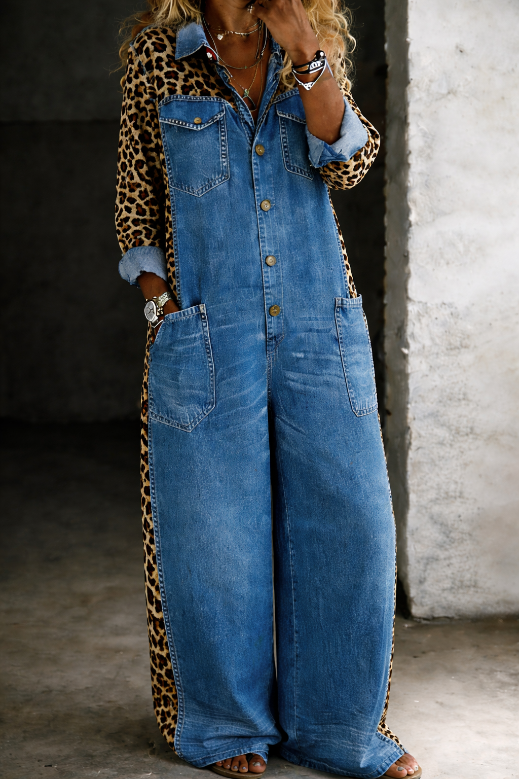 Combinaison pantalon en denim bleu Amanda de Danoir Paris, coupe ajustée avec col et manches longues, vue de face.