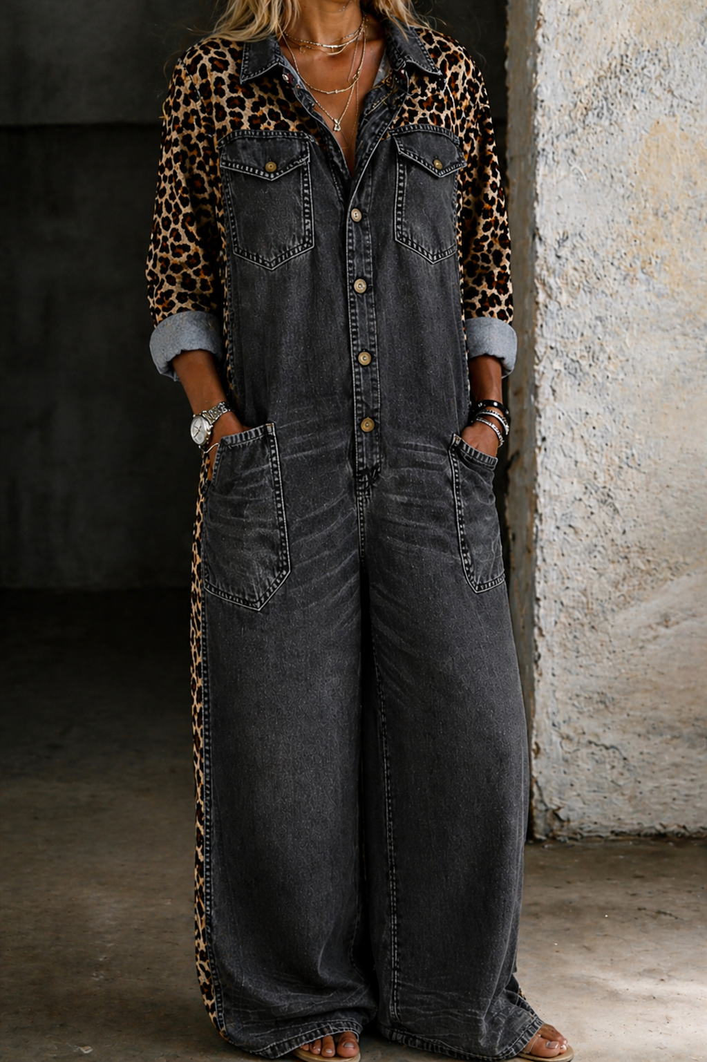 Combinaison en jean Amanda de Danoir Paris, chemise manches longues bleue, vêtement tendance pour femme.