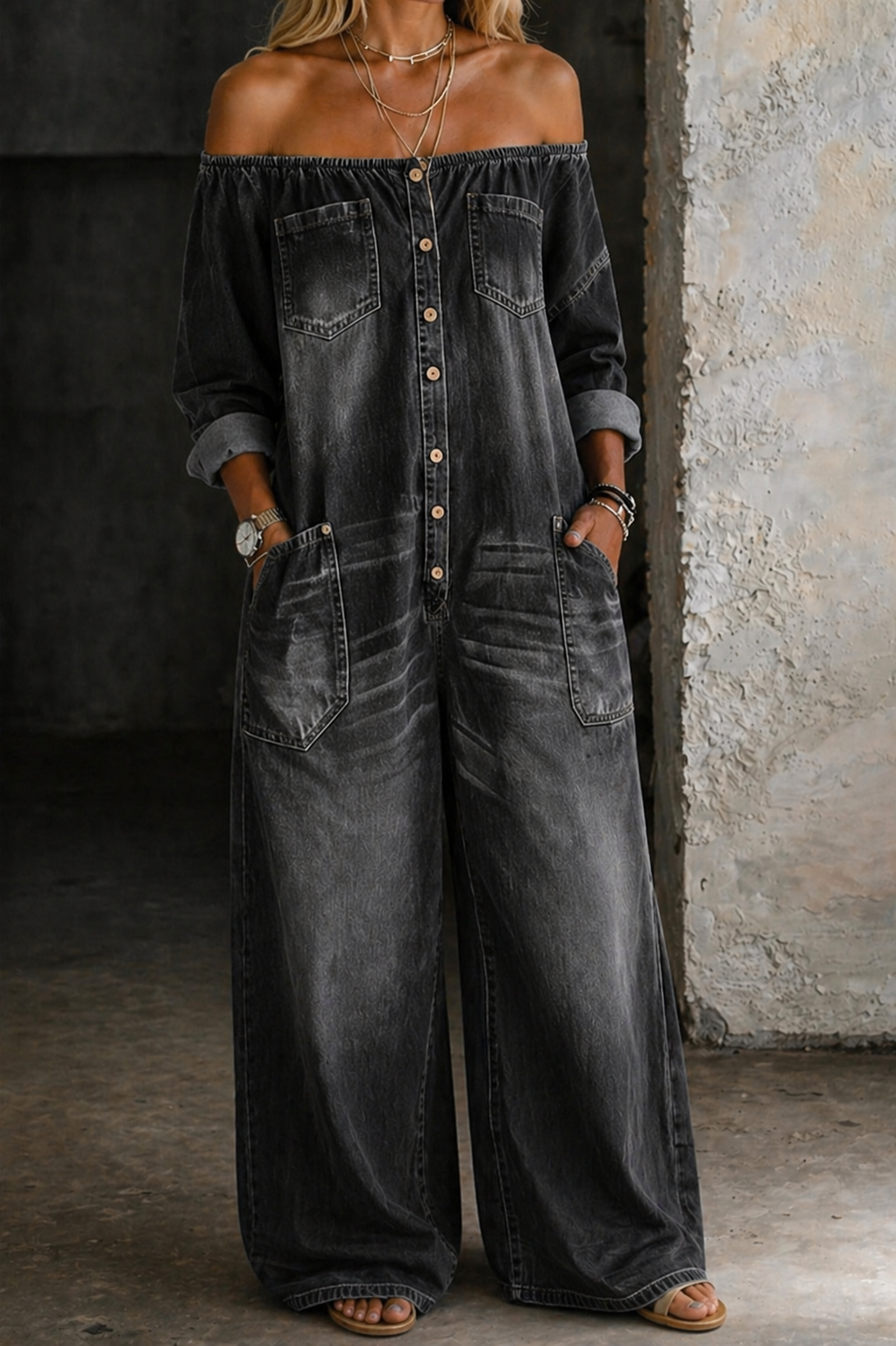 Combinaison pantalon bleue Danoir Paris Elena avec épaules dénudées et manches longues, élégante et tendance.