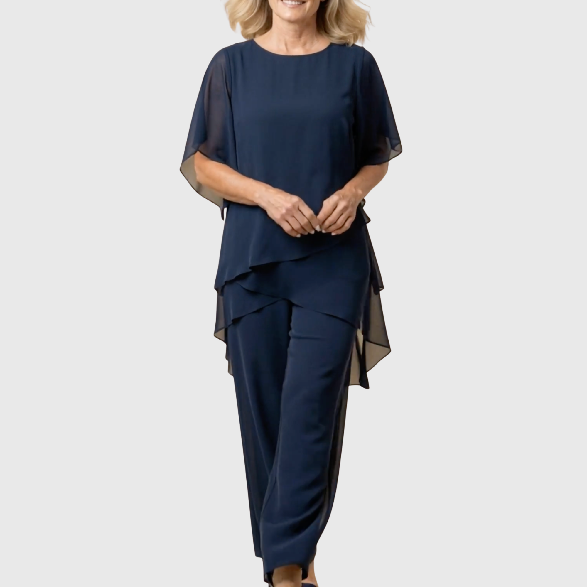 Ensemble palazzo fluide ELARA de Danoir Paris en tissu bleu, confortable et élégant pour femmes, vue de face.