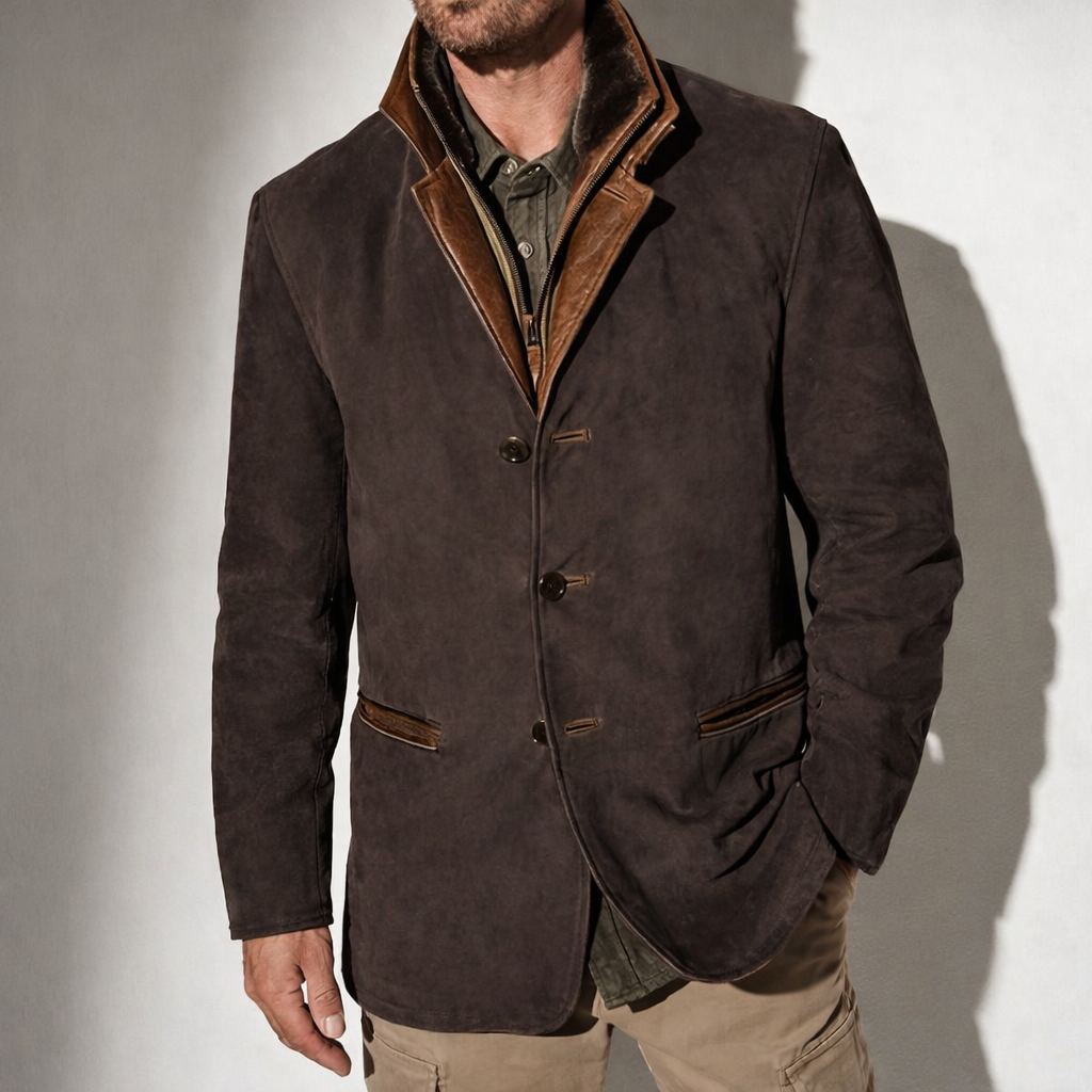 Veste en suédé pour homme Danoir Pairs™ avec détails en cuir, style élégant et intemporel, couleur bleue, vue de face.