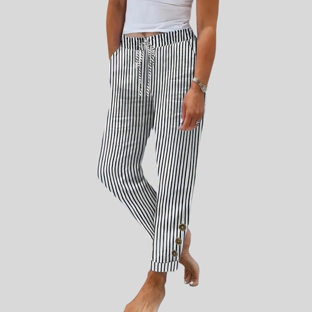 Pantalons rayés décontractés Raquelle de Danoir Paris, style confortable, noir, pour femmes, vue en détail sur le tissu.