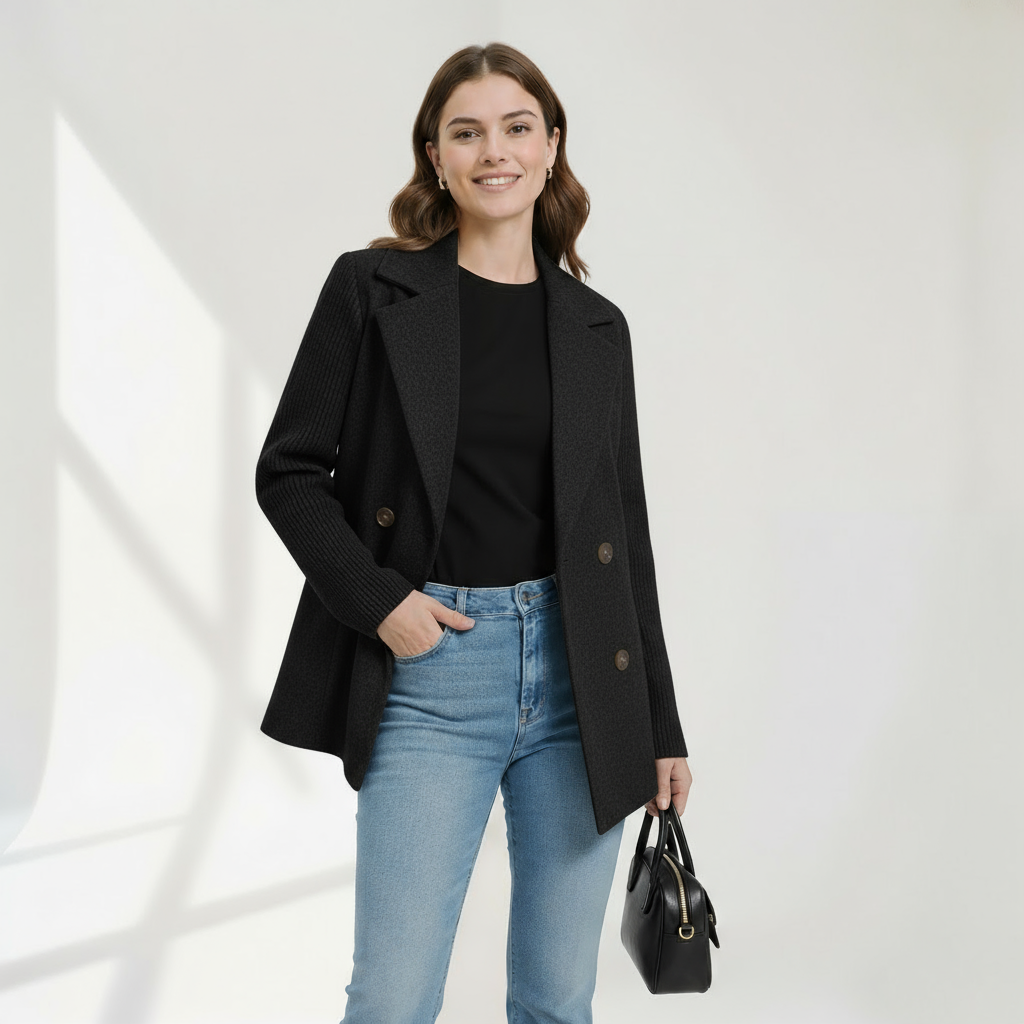 Blazer décontracté Sasha Danoir Paris en tissu brun, coupe classique, porté sur un fond neutre.