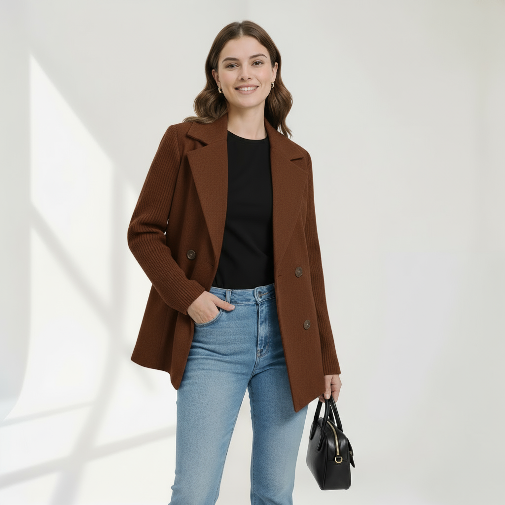 Veste blazer décontractée Sasha Danoir Paris de couleur marron, coupe casual, en tissu léger, portée ouverte avec col classique.