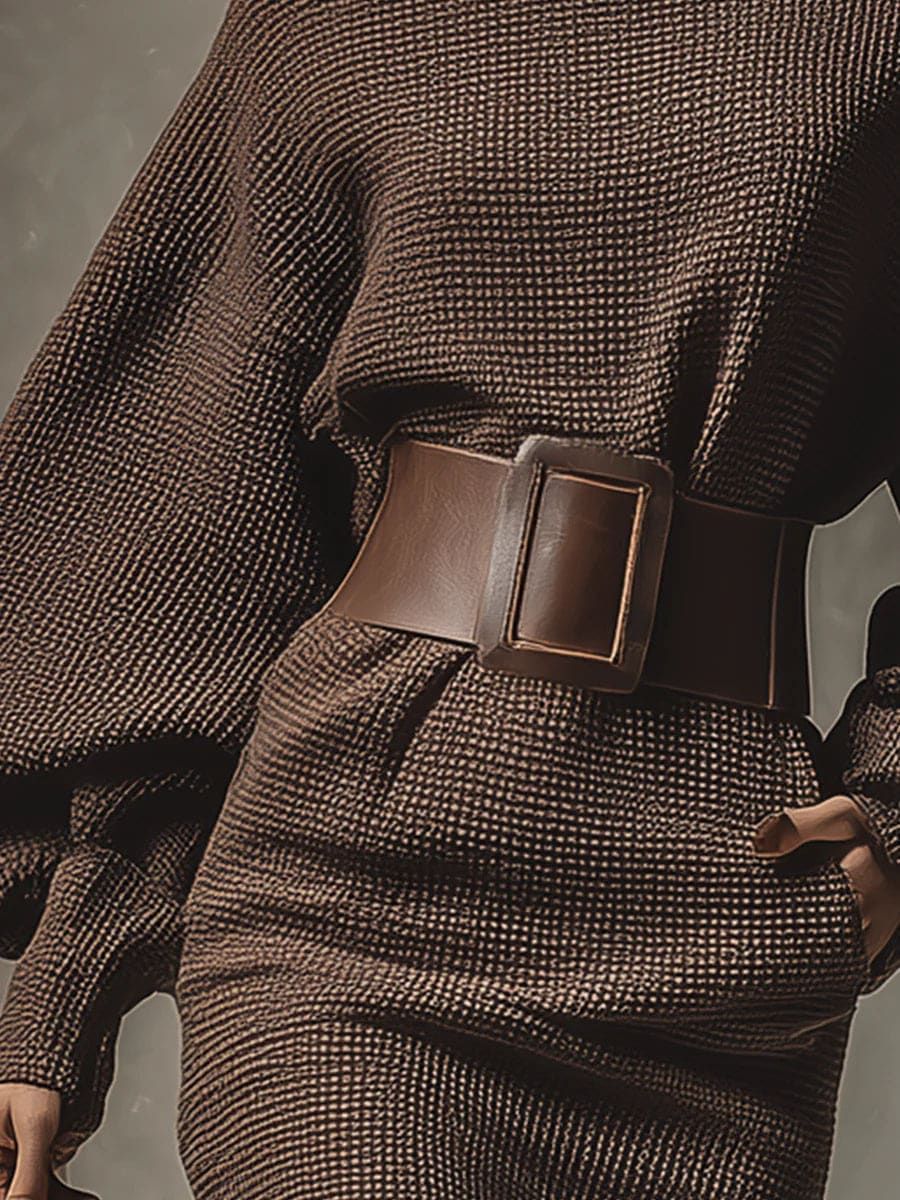 Robe courte en maille Danoirparis Clea avec ceinture structurée, tissu brun, coupe ajustée et style élégant.