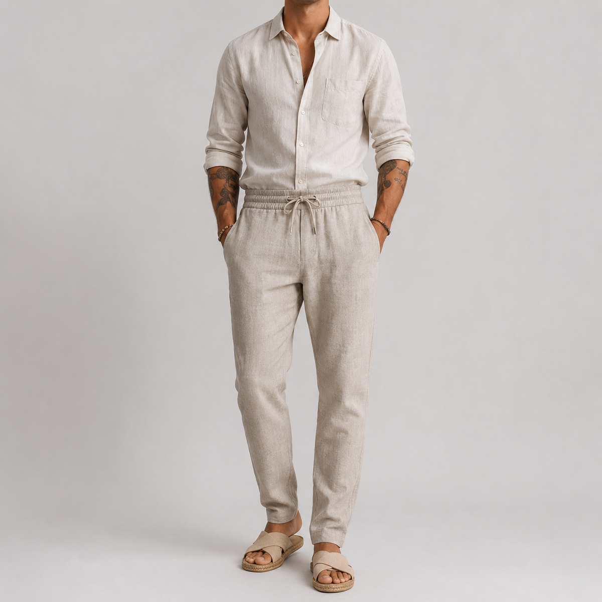 Shorts de plage Mateo en lin Danoir Paris, couleur kaki, style décontracté, tissu léger pour l'été.