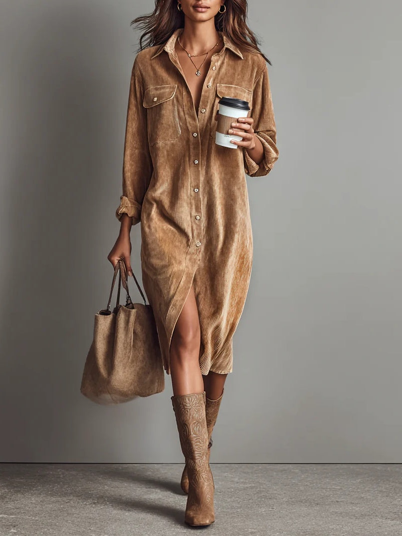 Robe casual élégante Danoir Paris Elena en tissu camel, coupe fluide, idéal pour un style chic et décontracté.