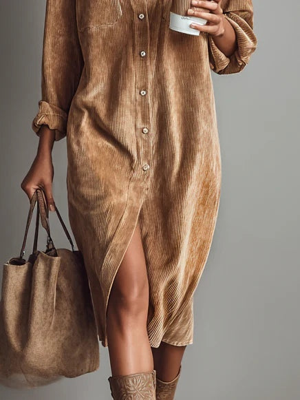 Robe décontractée élégante Danoir Paris Elena en tissu camel, coupe fluide et chic, pour un style casual sophistiqué.