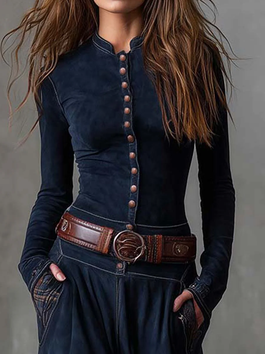 Robe longue décontractée en daim marine Michelle de Danoir Paris, style casual, coupe fluide, pour femme.