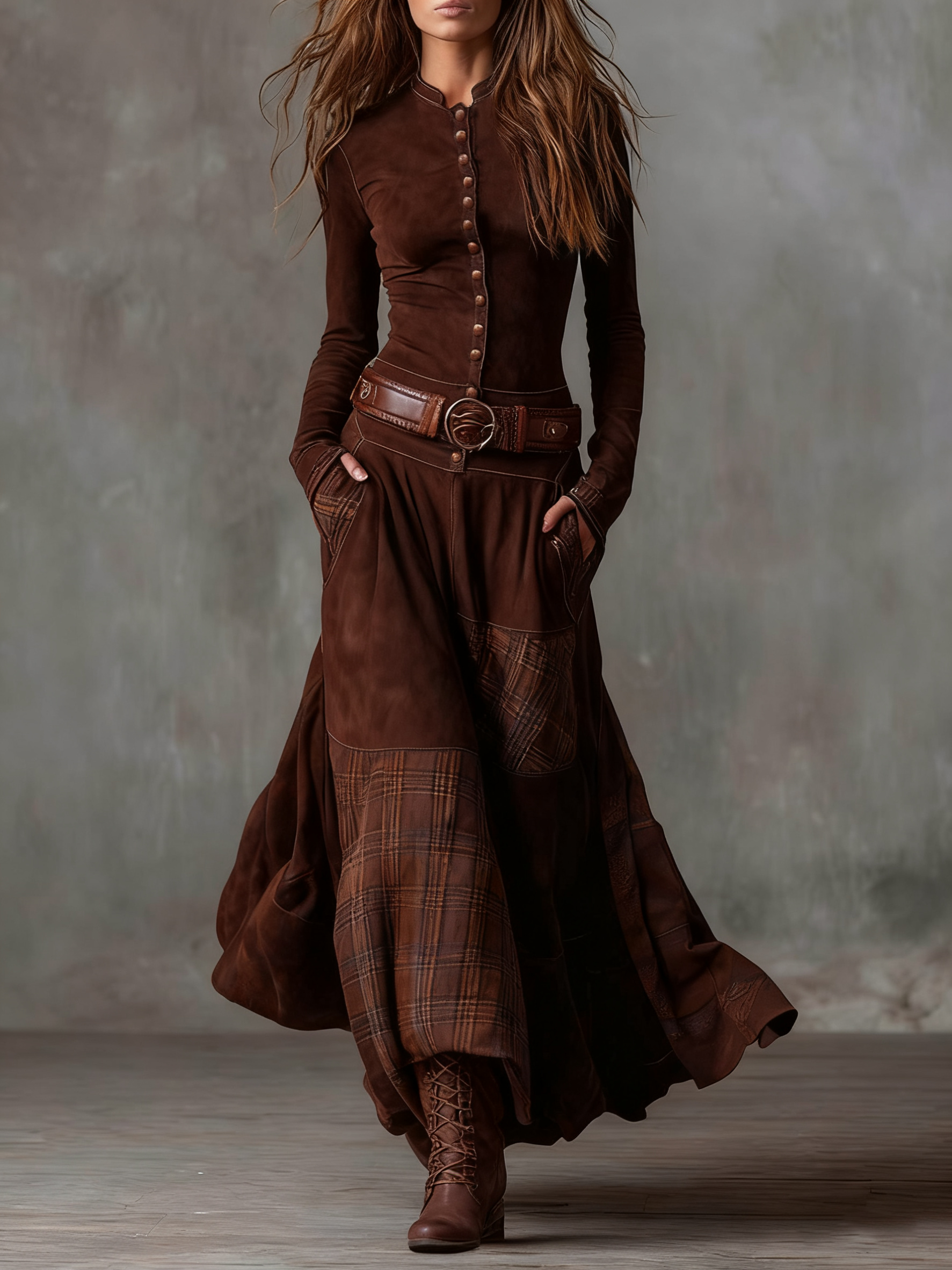 Robe maxi décontractée en velours nubuck gris Michelle de Danoir Paris, style casual, pour femme, taille XS.