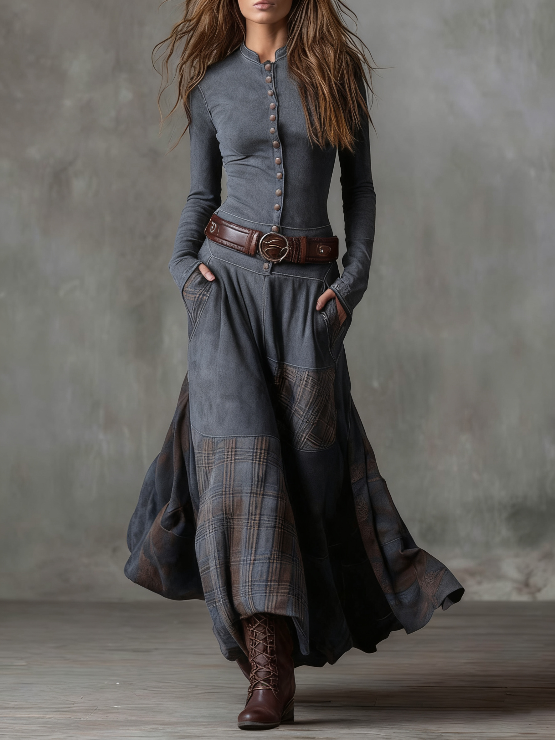Robe maxi décontractée en daim Michelle de Danoir Paris, coupe longue et élégante, couleur marine, taille XS.