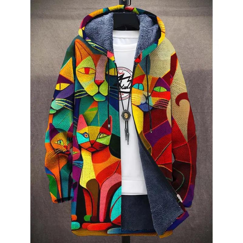 Veste de luxe artistique Elandra de Danoir Paris avec motif chat multicolore, élégante et sophistiquée.