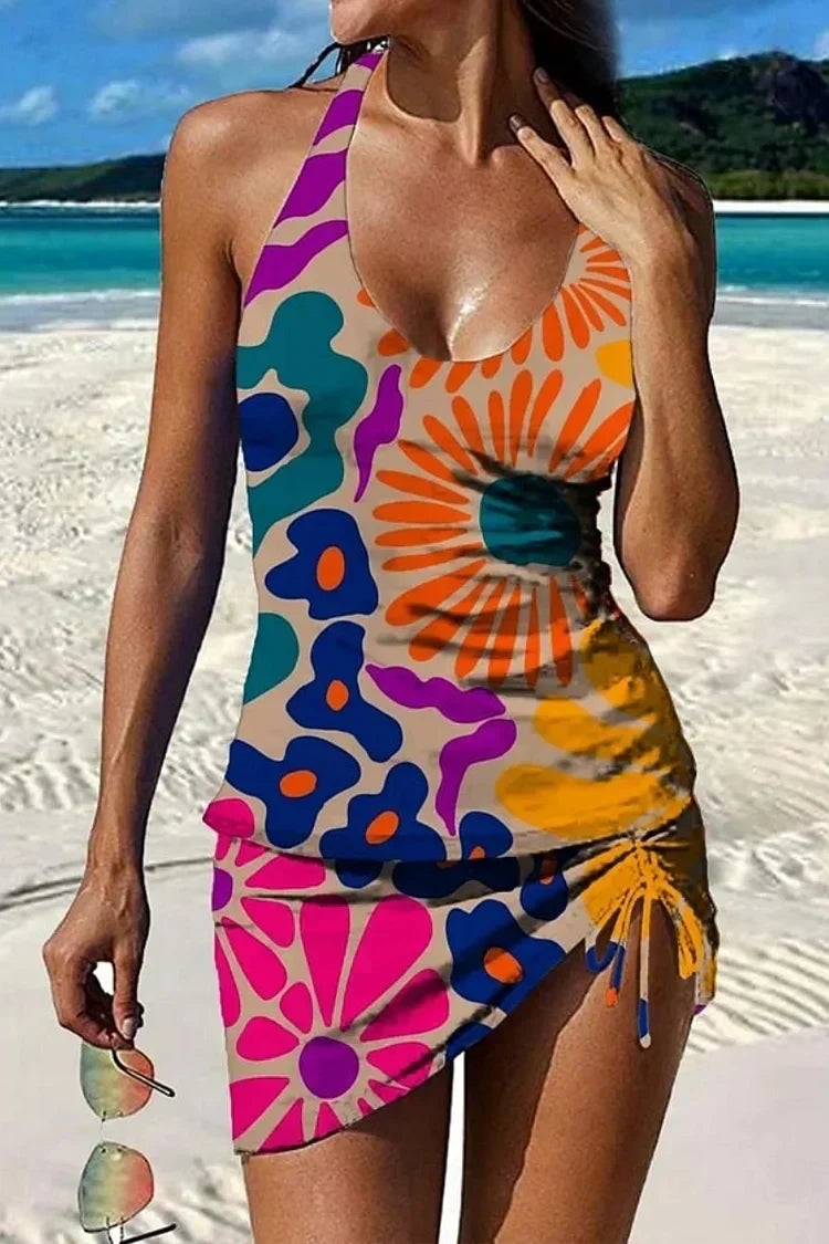 Tankini graphique floral orange avec shorts Danoir Paris, effet gainant pour femme, maillot de bain deux pièces.