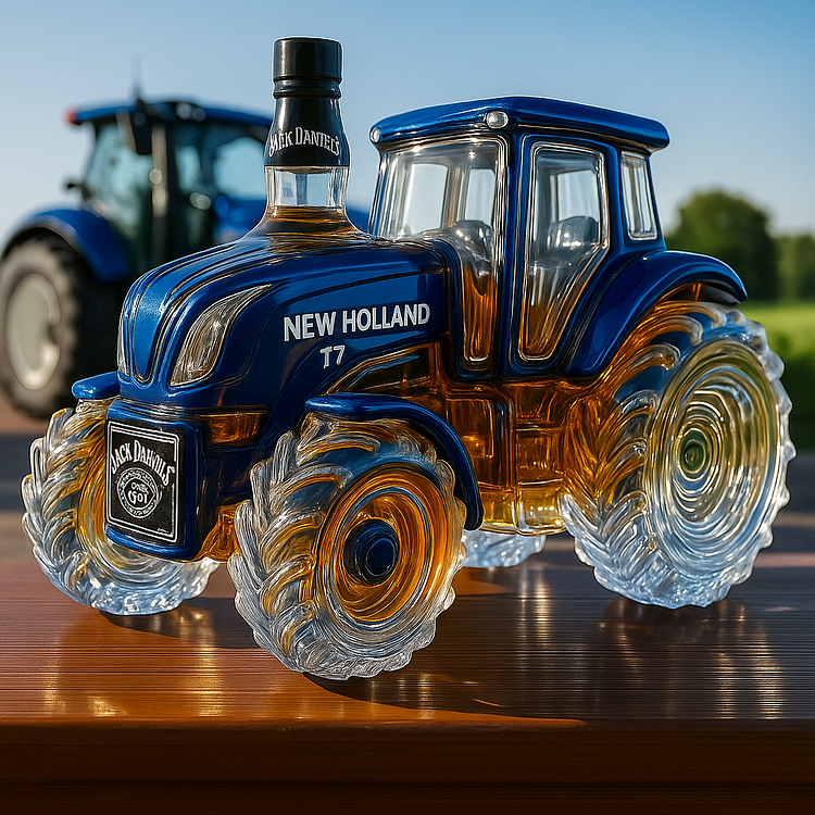 Carafe à whisky Danoir Paris Édition Tracteur avec design en forme de tracteur, en verre transparent.