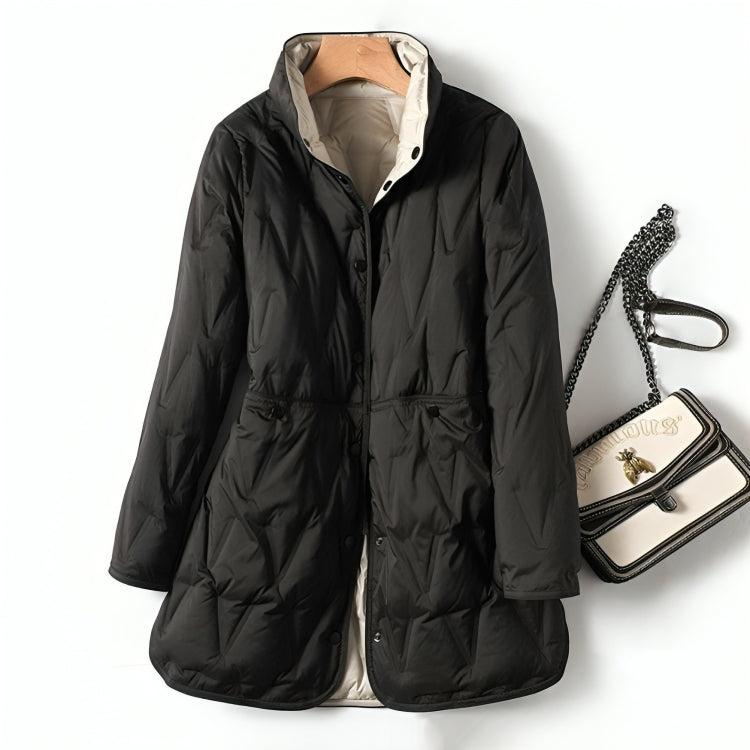 Manteau chic et chaud Justine de Danoir Paris en cuivre, avec coupe élégante et tissu épais pour l'hiver.