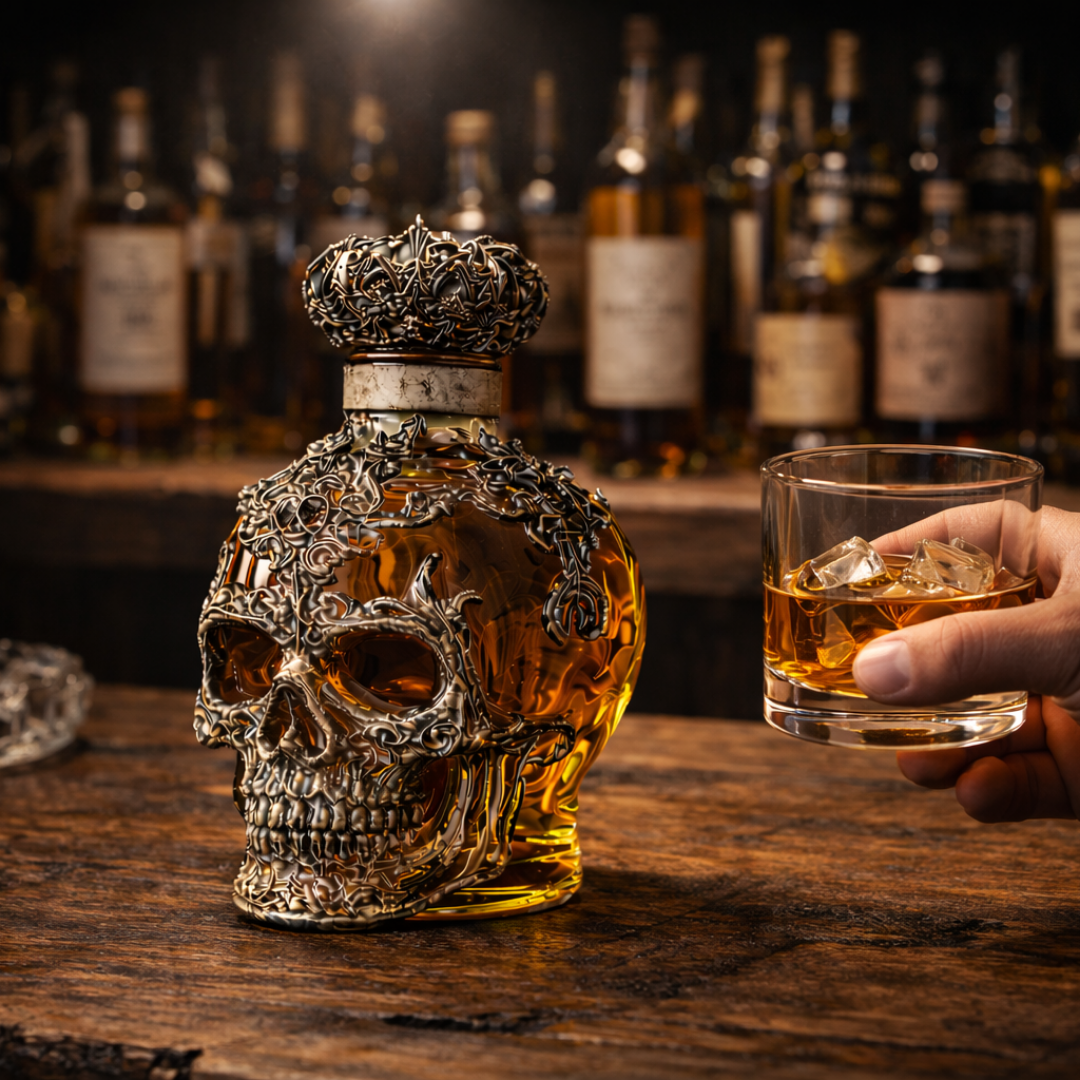 Carafe à whisky Danoir Paris Édition Crâne en verre avec motif de crâne sculpté, design élégant pour la dégustation de whisky.