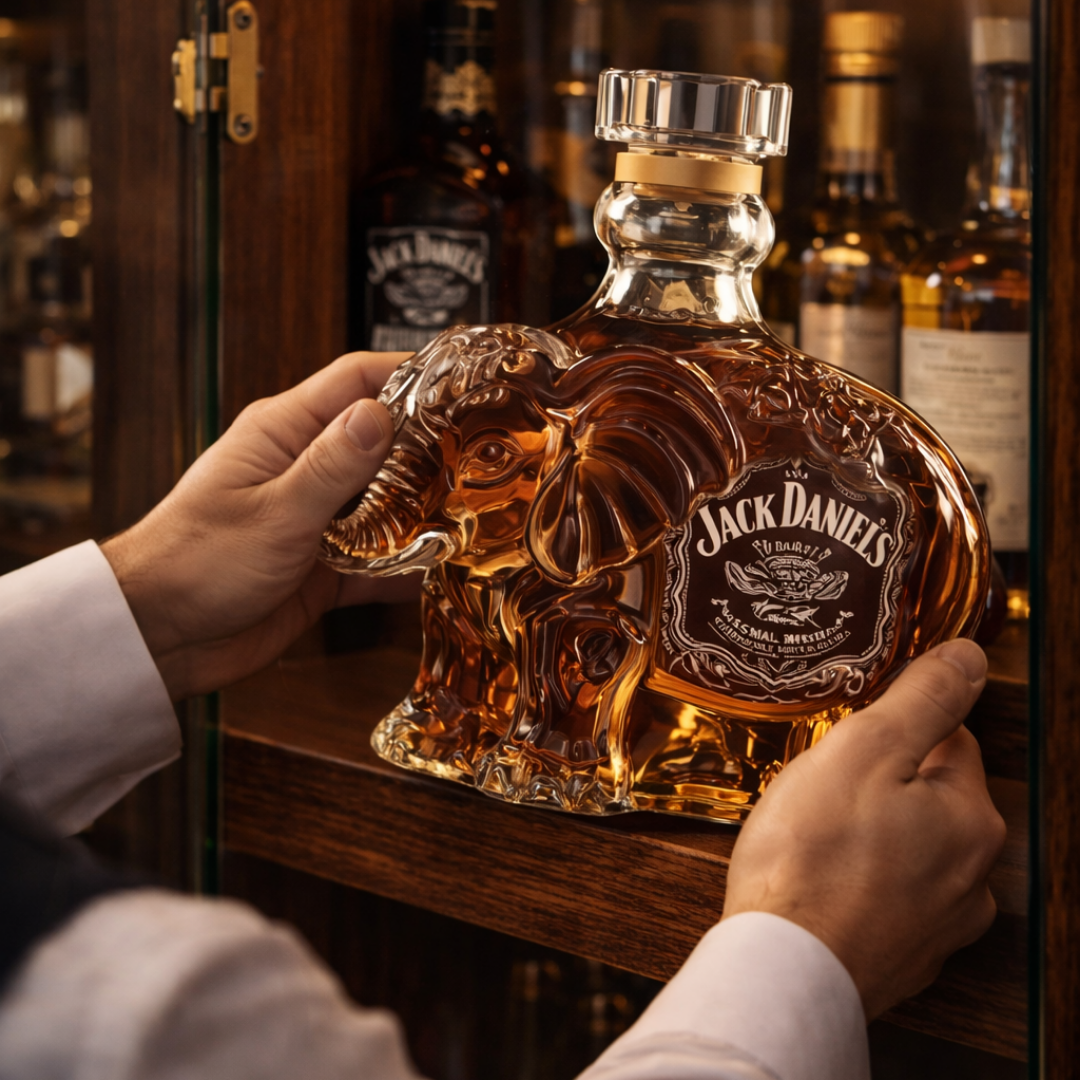 Carafe à whisky Danoir Paris Édition Éléphant en verre transparent avec motif éléphant sculpté.