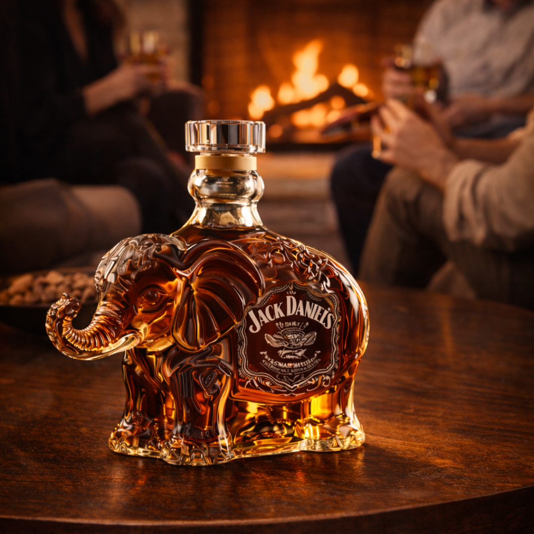 Carafe à whisky Danoir Paris Édition Éléphant en verre, avec motif d'éléphant sculpté, pour servir le whisky avec élégance.