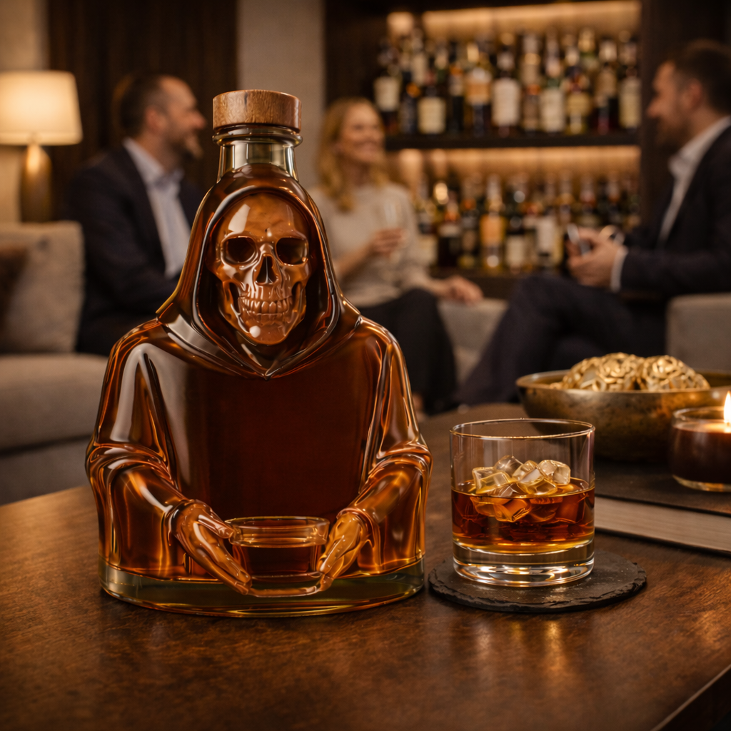 Carafe à whisky Danoir Paris Édition Mort, en verre transparent avec motif artistique, pour servir le whisky avec style.