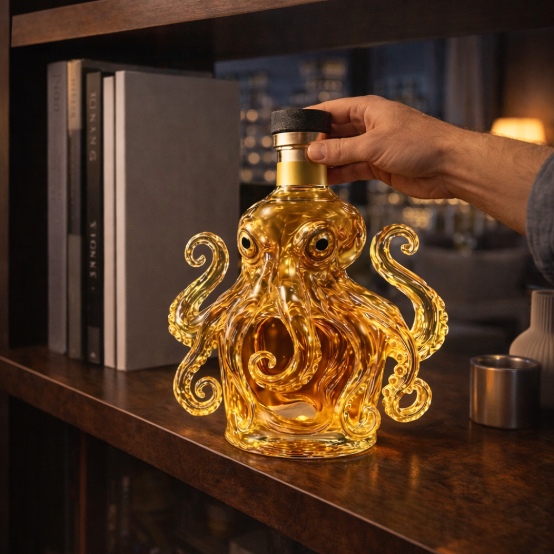 Carafe à whisky Danoir Paris Édition Pieuvre, en verre transparent avec motif de pieuvre sculpté, pour servir le whisky élégamment.