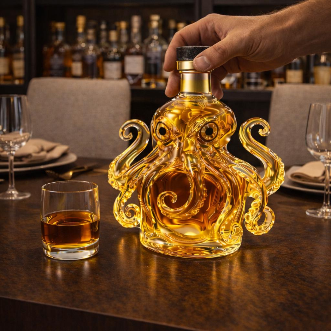 Carafe à whisky Danoir Paris, édition Pieuvre, en verre transparent avec motif de pieuvre, idéale pour servir le whisky.