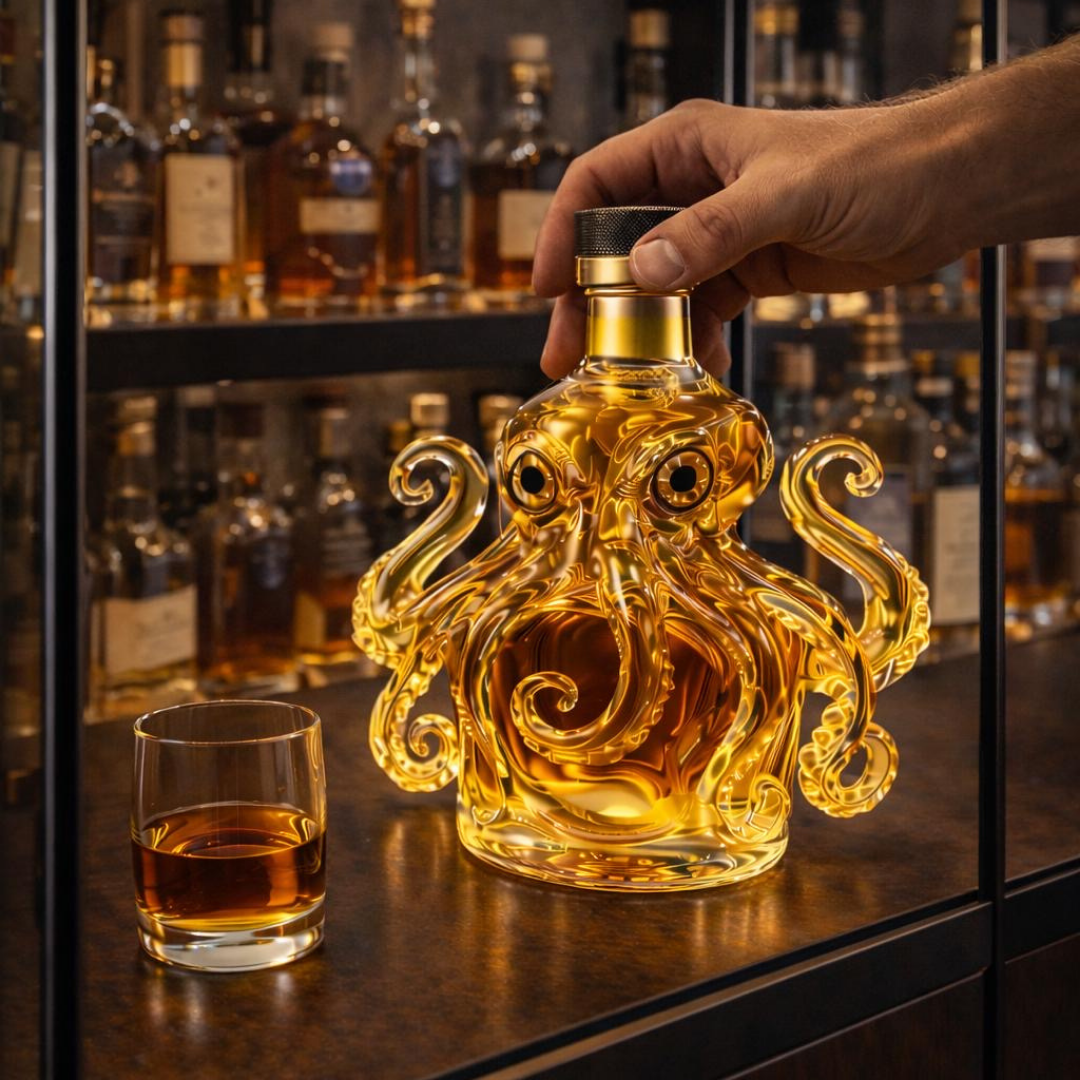 Carafe à whisky Danoir Paris Édition Pieuvre, en verre transparent avec motif pieuvre sculpté, idéale pour servir le whisky.