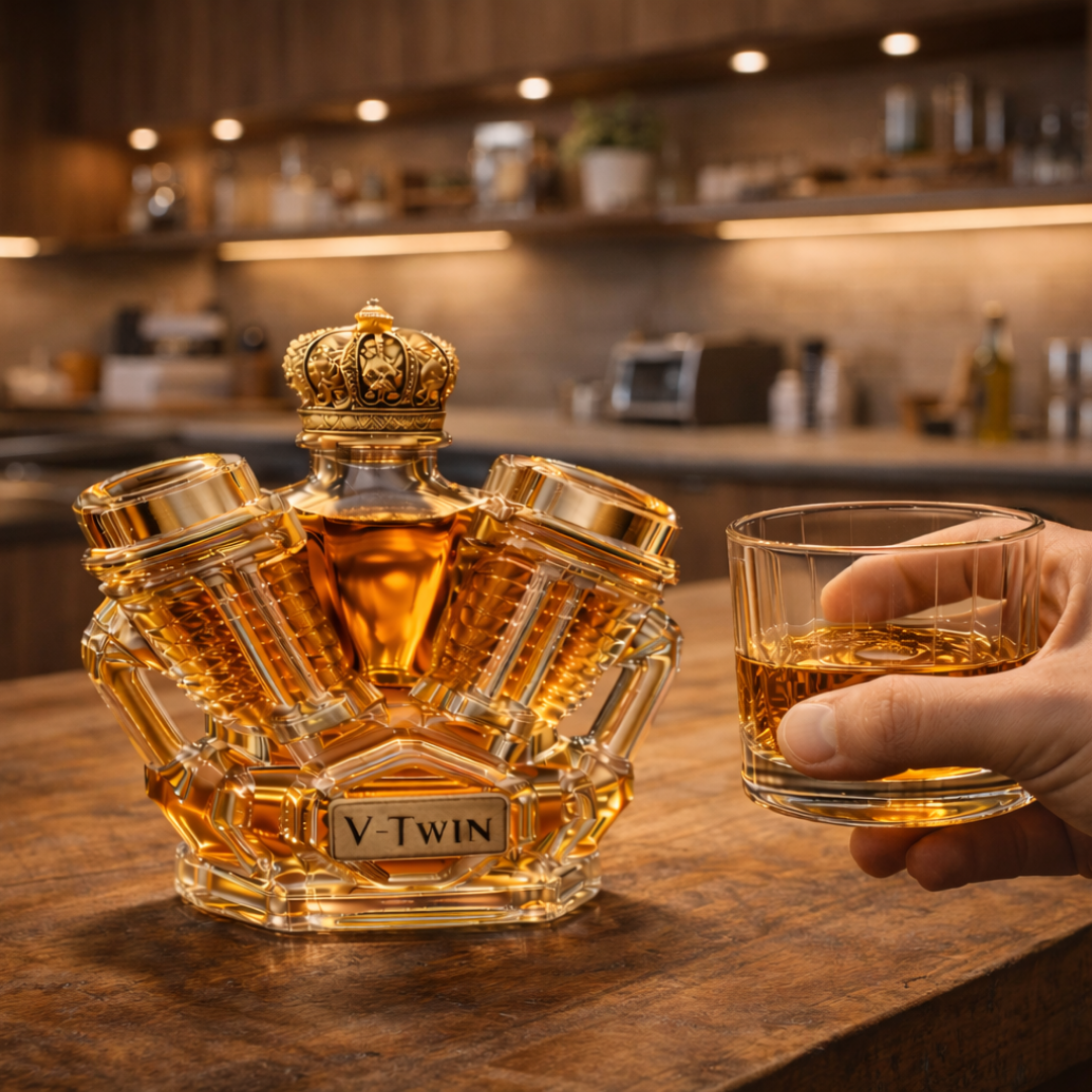 Carafe à whisky Danoir Paris Édition V8 en verre transparent avec bouchon, conçue pour servir et présenter le whisky élégamment.