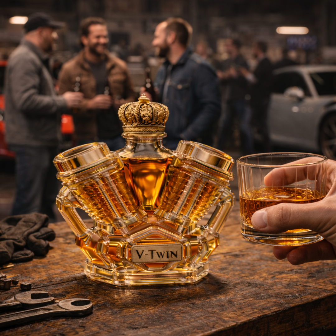 Carafe à whisky Danoir Paris édition V8 en verre transparent avec bouchon, élégante pour servir le whisky.