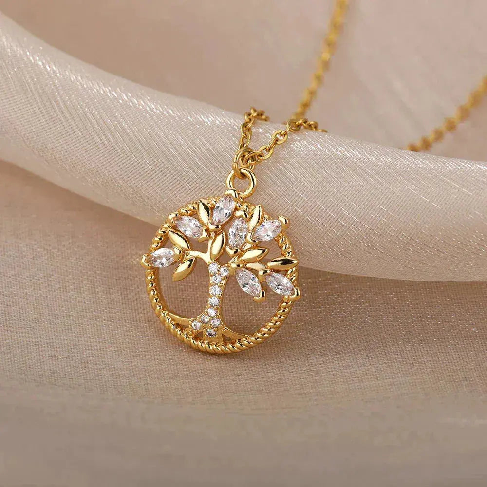 Collier arbre de vie en or avec zirconia, chaîne en acier inoxydable, bijou esthétique pour femmes, pendentif clavicule.