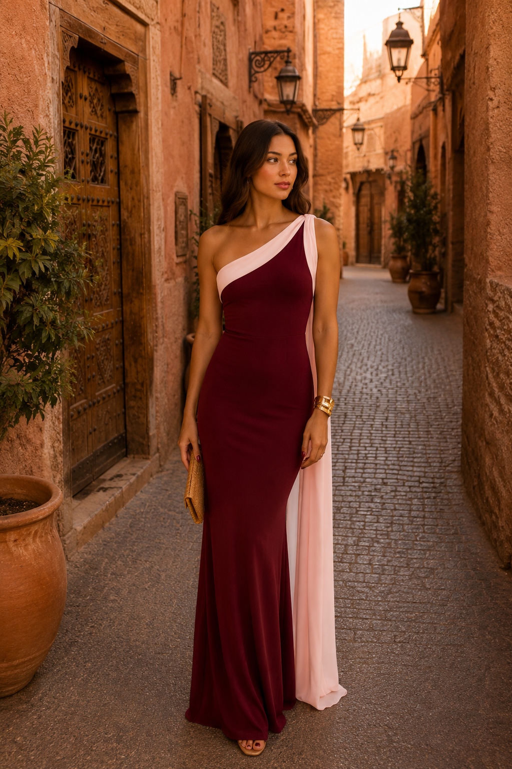 Robe Vivian en bordeaux de Danoir Paris, robe élégante en tissu fluide avec détails sophistiqués, portée sur un mannequin.