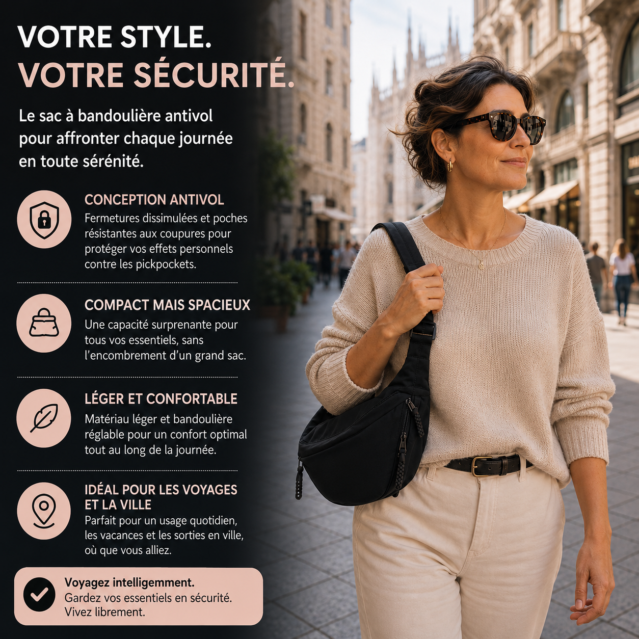 Sac à bandoulière Danoir Paris Mara en cuir bleu avec poches latérales et bandoulière ajustable.