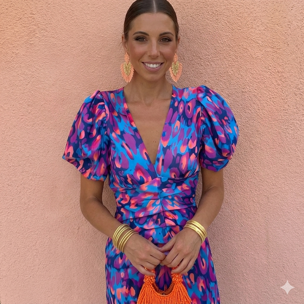 Robe Danoir Paris Tora en bleu et rose avec manches plissées, coupe élégante et fluide, pour femme.