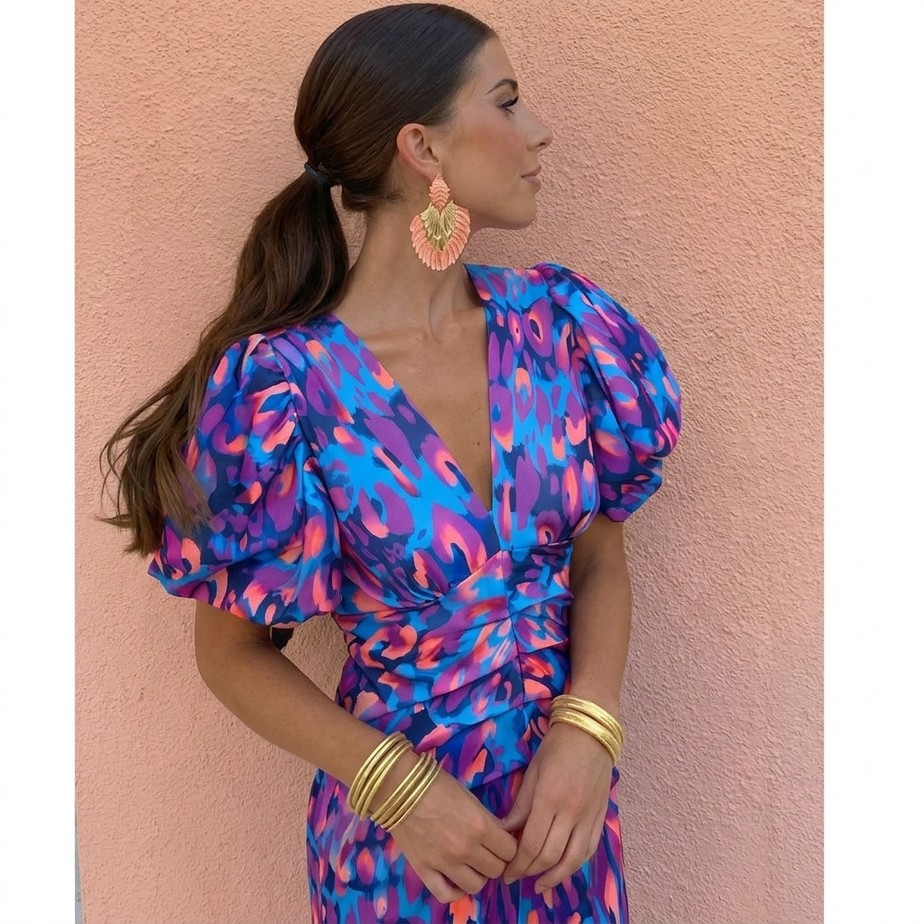 Robe Tora™ Danoir Paris avec manches plissées en bleu et rose, silhouette élégante, tissus léger et fluide.