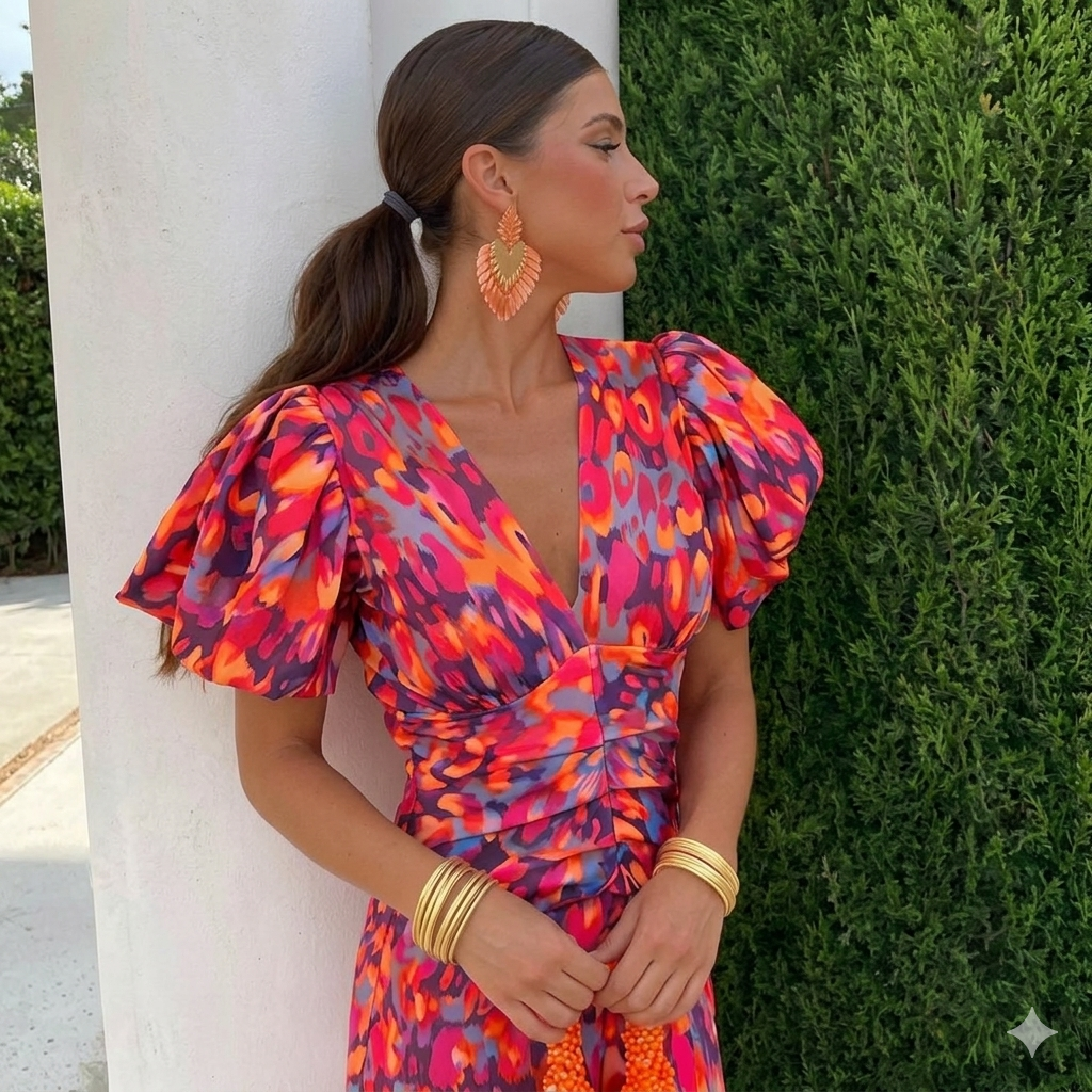 Robe Danoir Paris Tora en bleu et rose avec manches plissées, coupe élégante pour femme.
