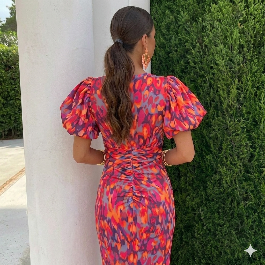 Robe Tora™ Danoir Paris en bleu et rose avec manches plissées, coupe élégante et tissu fluide, pour femme.