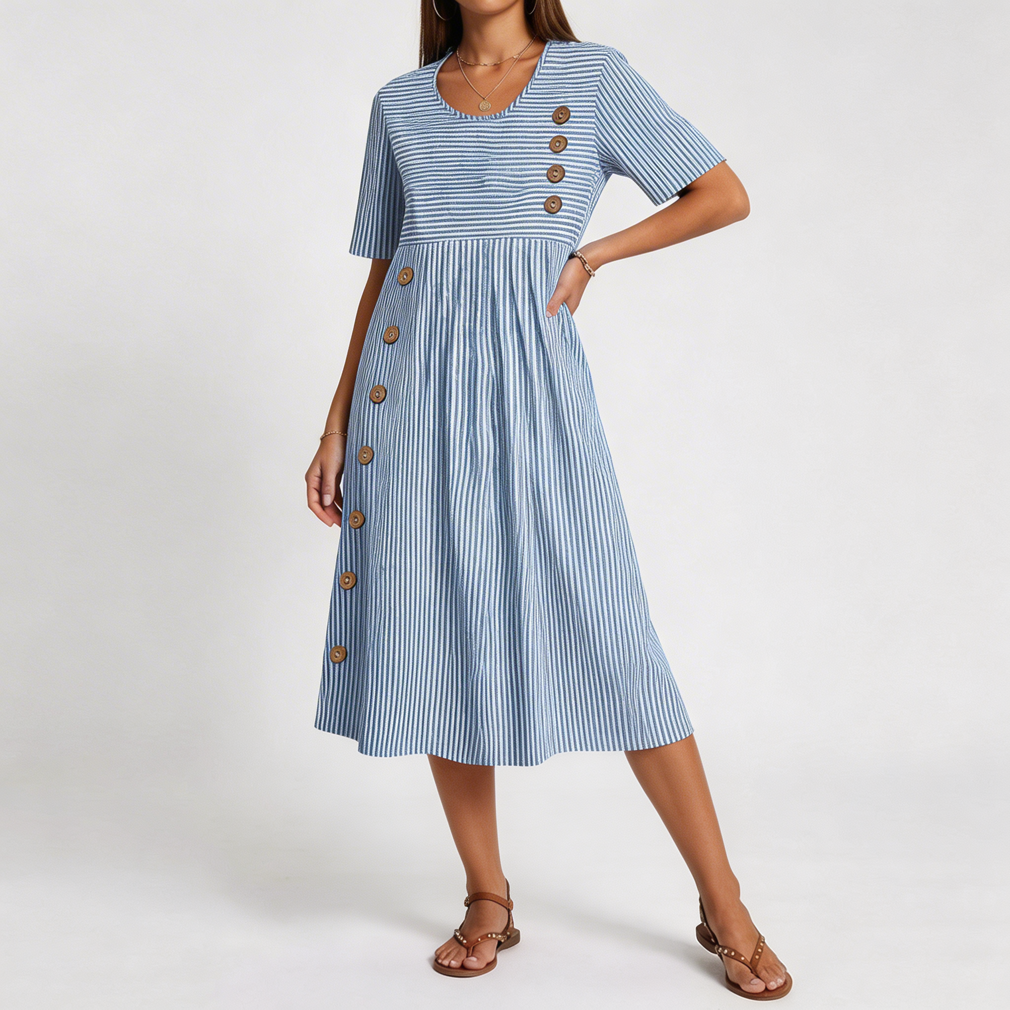 Robe Sophia Danoir Paris en tissu respirant bleu, style élégant et confort optimal, vue de face sur fond neutre.