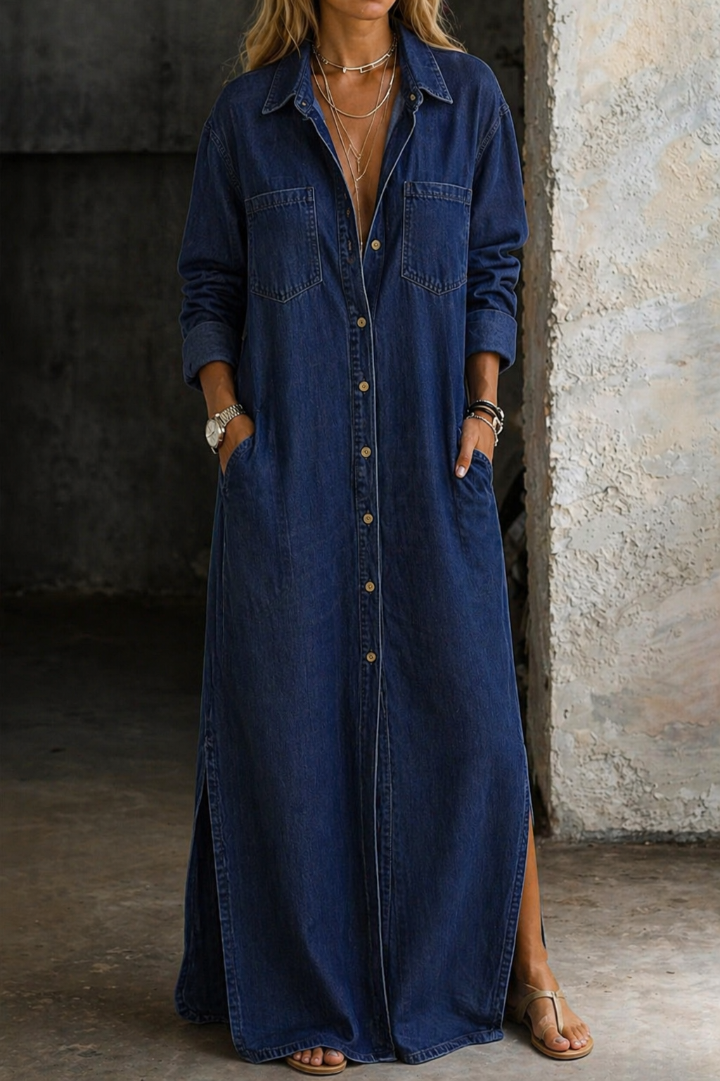 Robe Andrea en denim bleu de Danoir Paris, boutonnière à l'avant, manches longues et coupe décontractée.