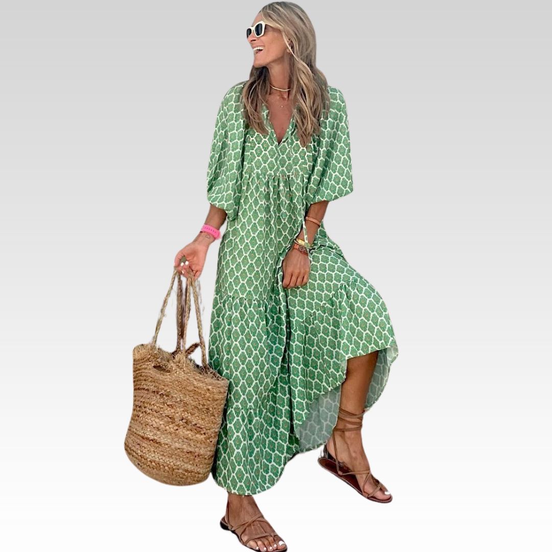 Robe longue bohème Bellona de Danoir Paris en tissu vert et rose avec motif floral, style décontracté et élégant.