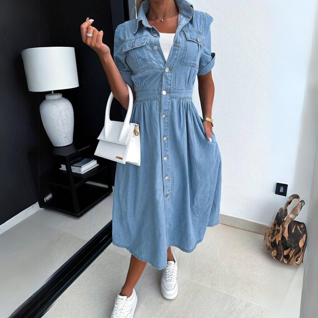 Robe en jean élégante de Celine par Danoir Paris, coupe flatteuse et détails modernes, parfaite pour un look chic décontracté.