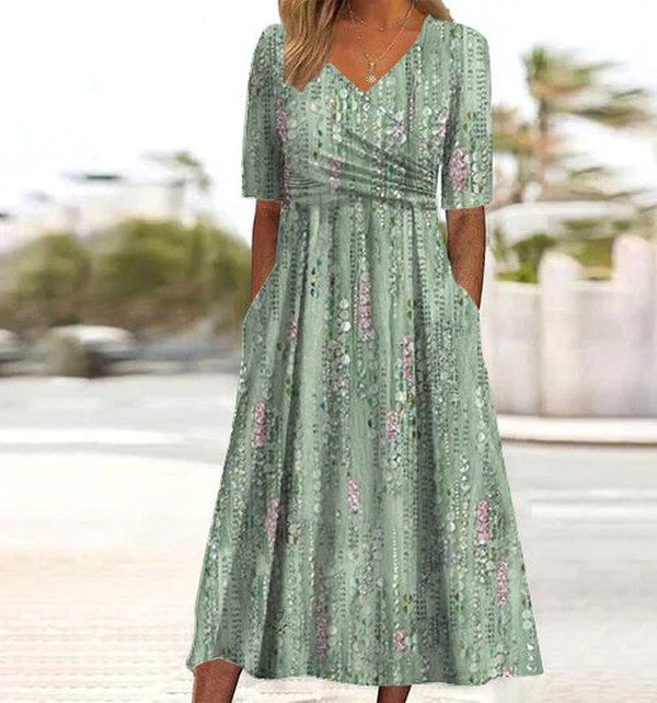 Robe midi pour femmes Danoir Paris Mary avec imprimé botanique, style élégant et cache bien le ventre.